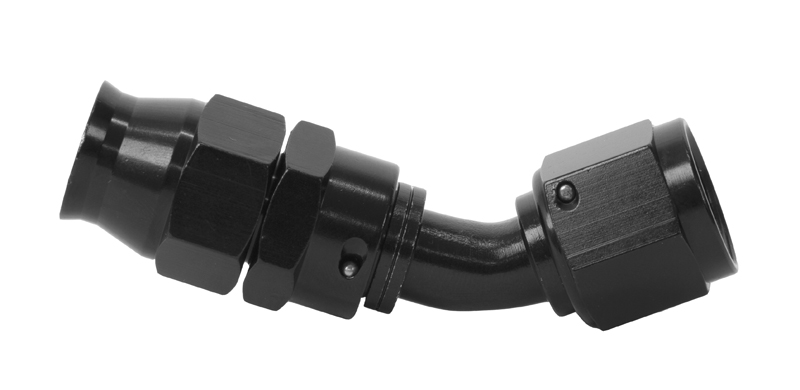 Aeromotive PTFE hose end, black-anodized 45 degree