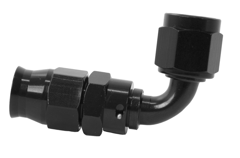 Aeromotive PTFE hose end, black-anodized 90 degree